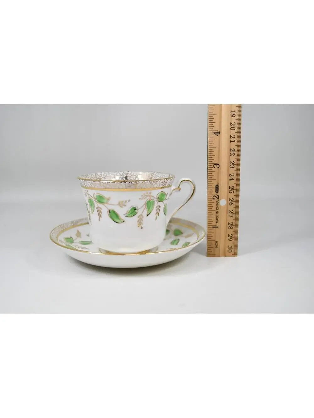 Phoenix Bone China Teacup & Saucer Gold Green Leaf Floral Vintage 1940s England